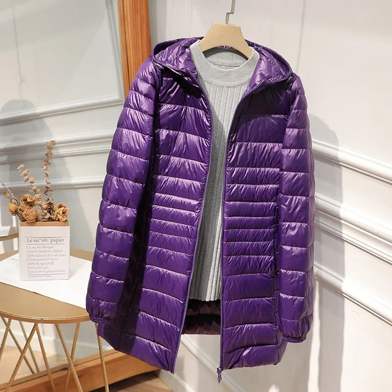 Women's Lightweight Packable Down Jacket, Long Quilted Coat with Stand Collar
