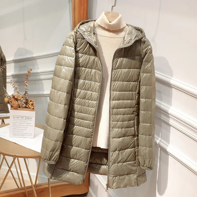 Women's Lightweight Packable Down Jacket, Long Quilted Coat with Stand Collar