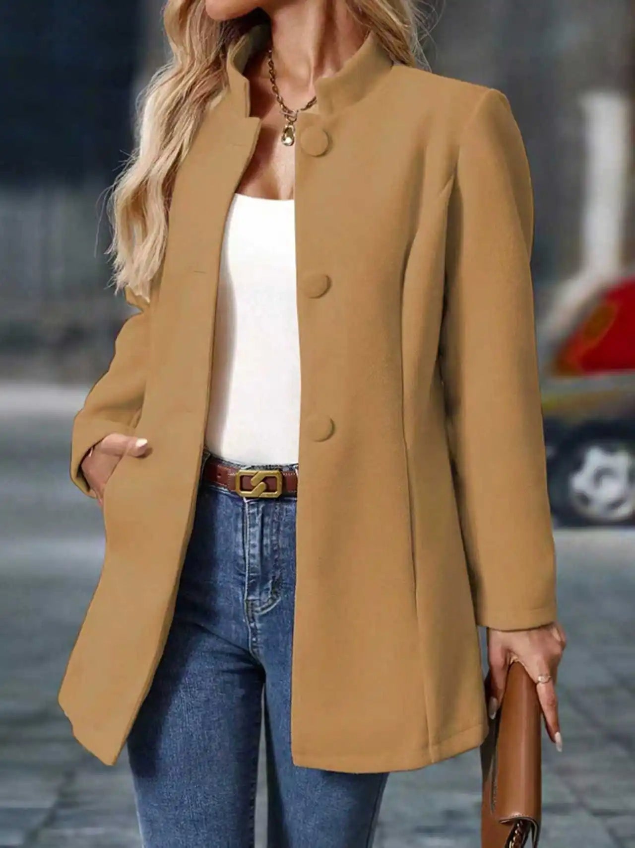 Women's Stand Collar Pea Coat, Single-Breasted Mid-Length Tailored Coat