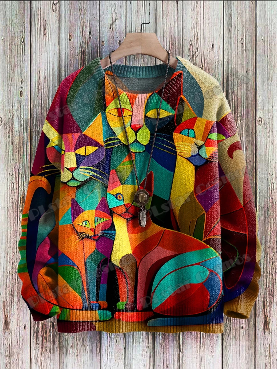 Men's Crew Neck Printed Jumper, Multicolour Abstract Pattern Knitted Pullover