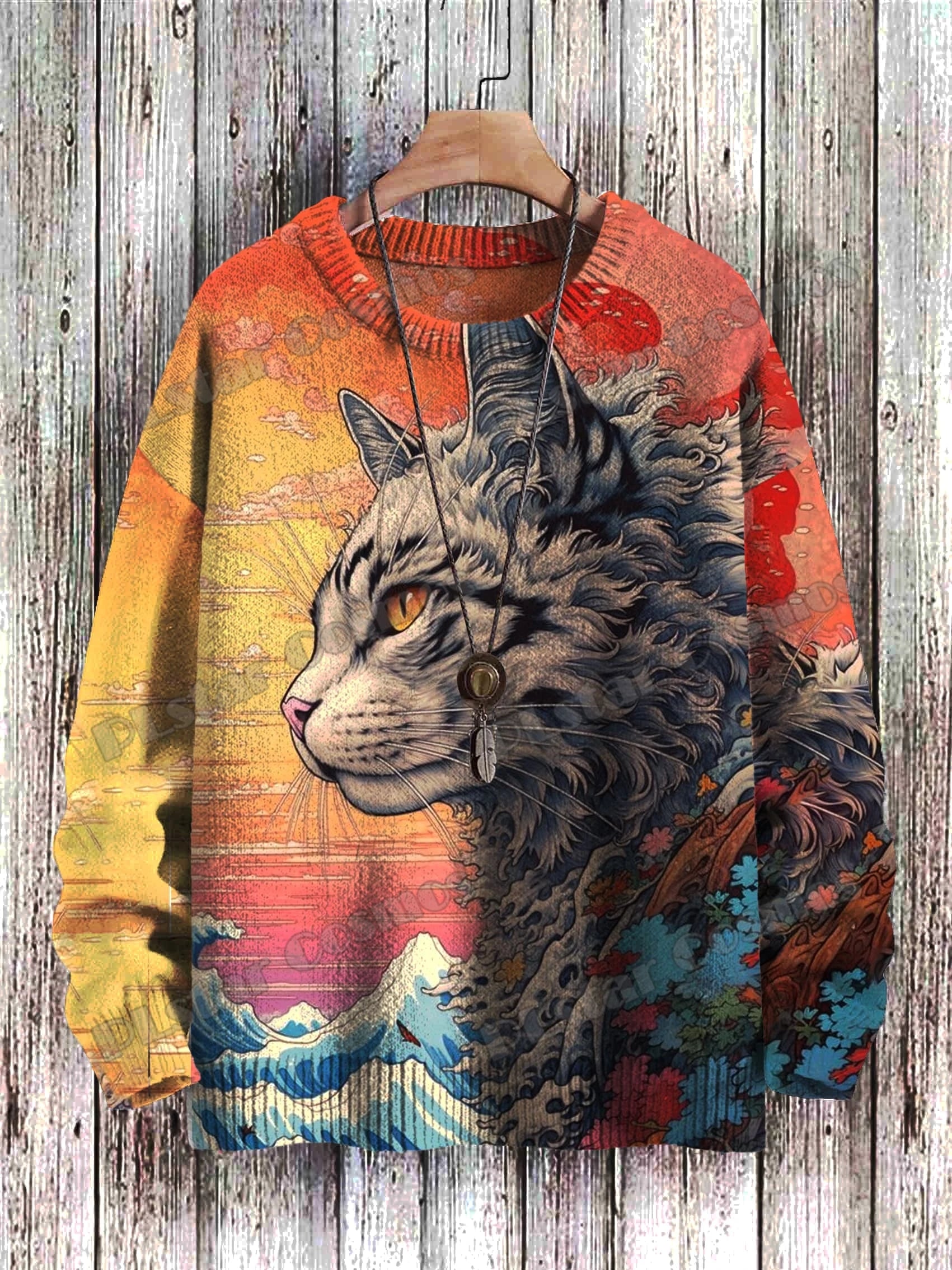 Men's Crew Neck Printed Jumper, Multicolour Abstract Pattern Knitted Pullover