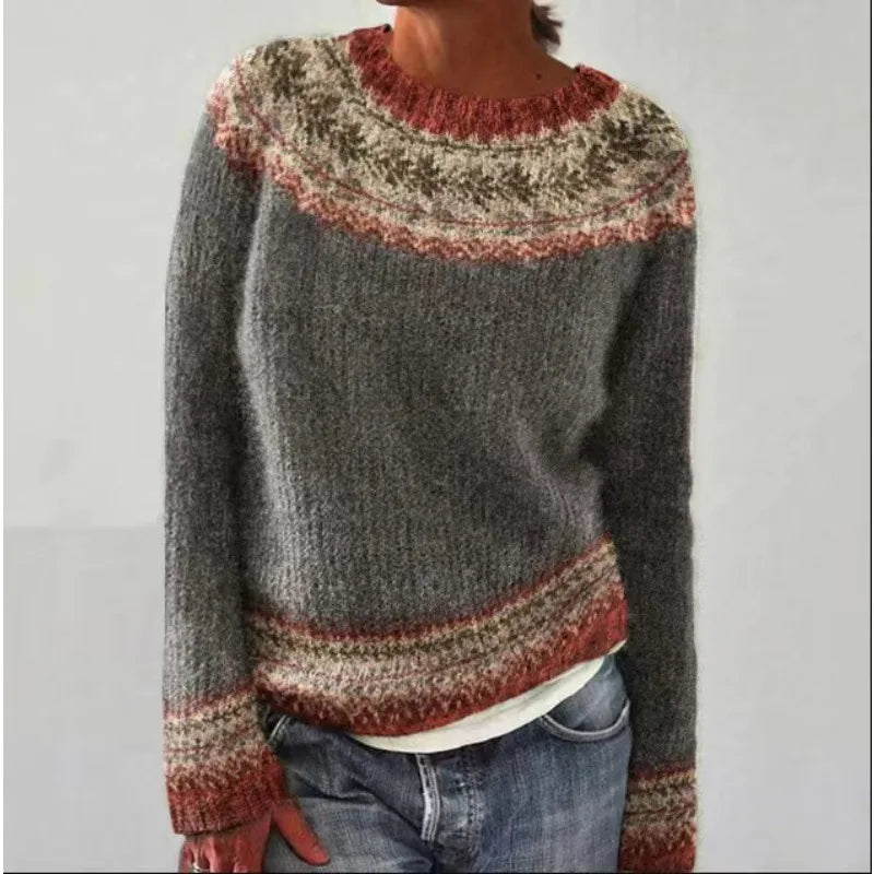 Women's Fair Isle Jumper, Crew Neck Yoke Pattern Loose Fit Knitwear