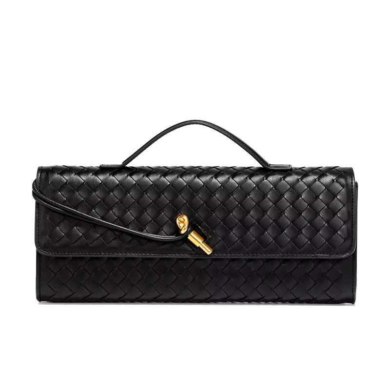 Women’s Woven Faux Leather Clutch Bag with Top Handle, Flap Closure and Metal Fastening