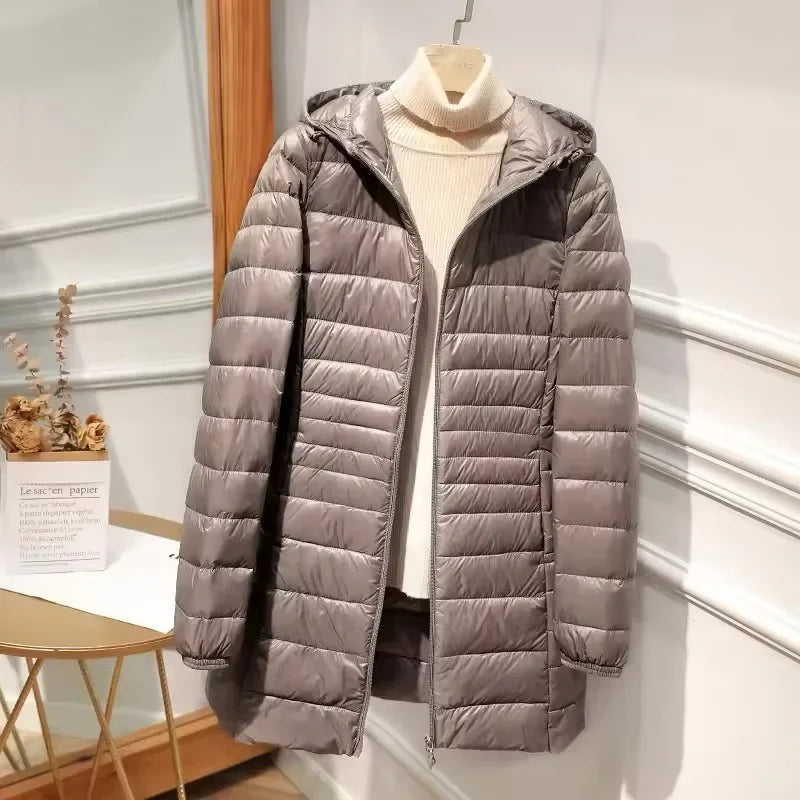 Women's Lightweight Packable Down Jacket, Long Quilted Coat with Stand Collar