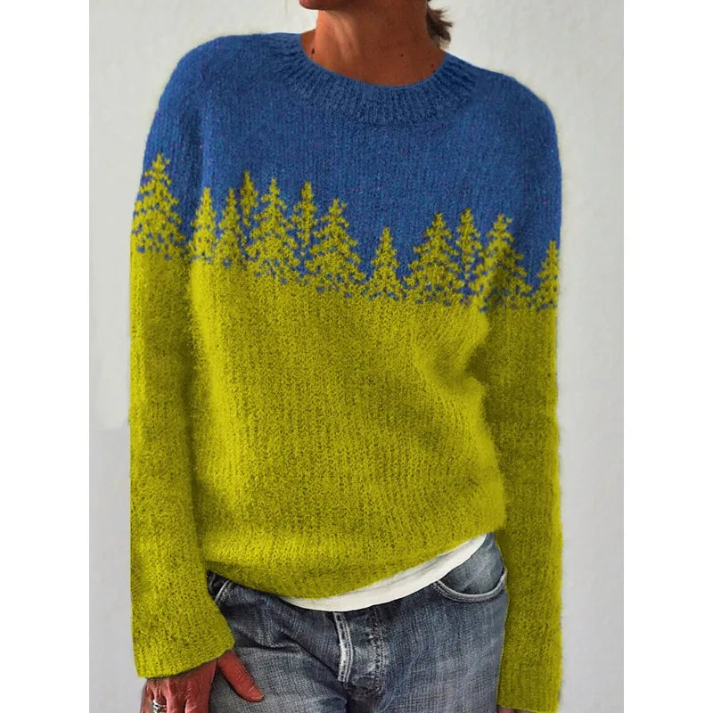 Women's Fair Isle Jumper, Crew Neck Yoke Pattern Loose Fit Knitwear