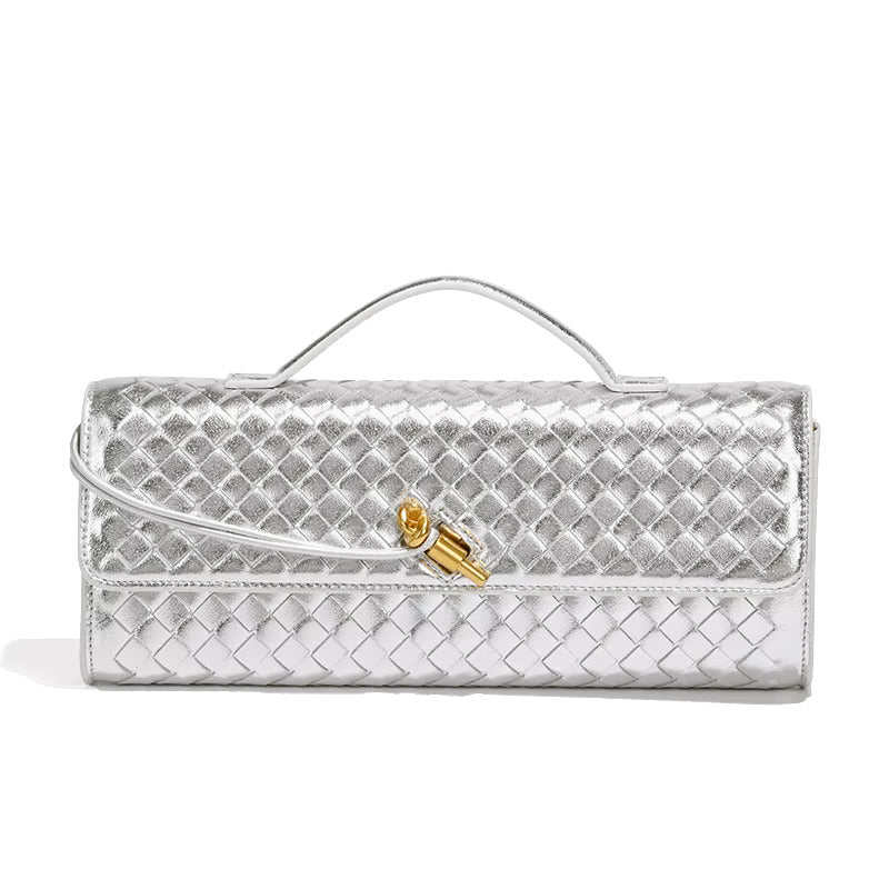 Women’s Woven Faux Leather Clutch Bag with Top Handle, Flap Closure and Metal Fastening
