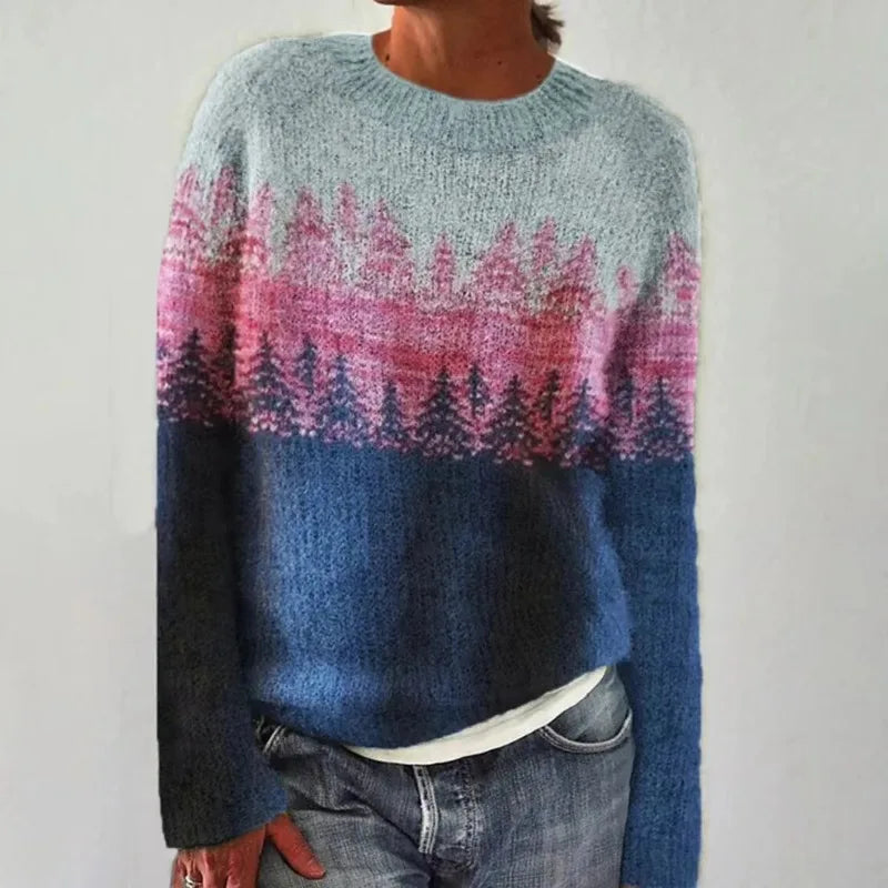 Women's Fair Isle Jumper, Crew Neck Yoke Pattern Loose Fit Knitwear