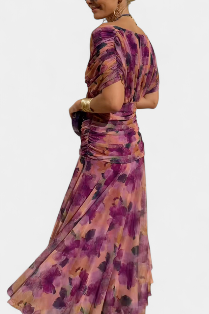 Floral Maxi Dress Women Soft Breathable Blend V Neck Flowing Fit