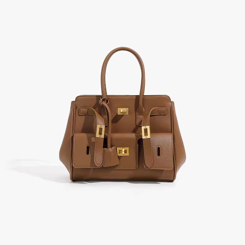 Women’s Structured Faux Leather Tote Bag with Winged Sides, Buckle Straps and Top Handles