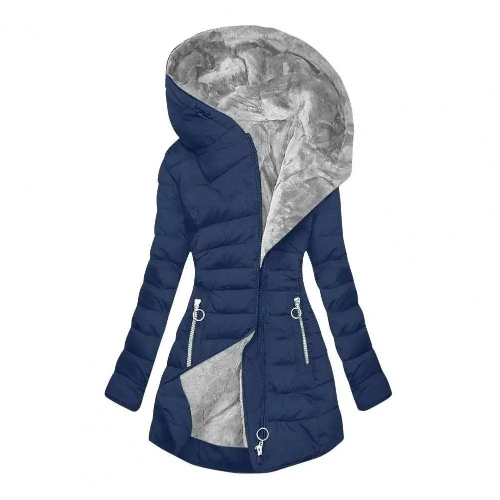 Women's Hooded Quilted Parka Coat, Windproof Down Coat with Plush Lining