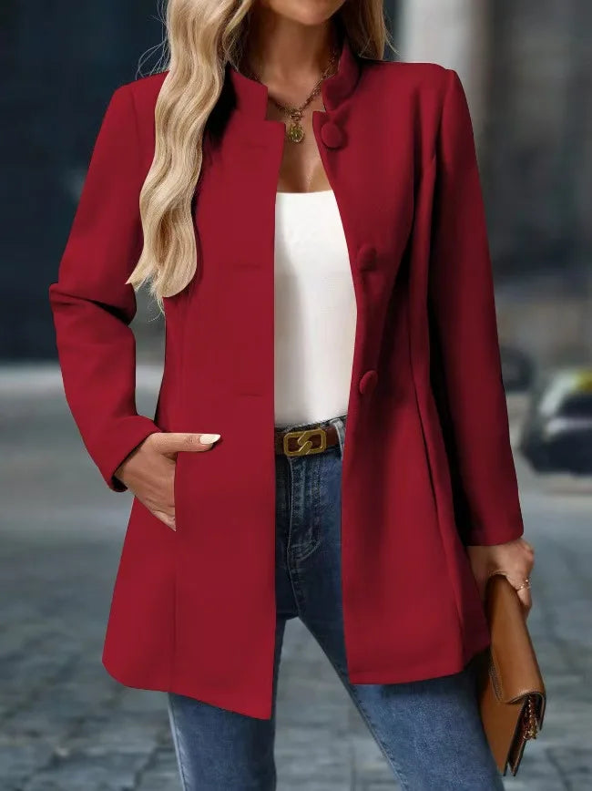 Women's Stand Collar Pea Coat, Single-Breasted Mid-Length Tailored Coat