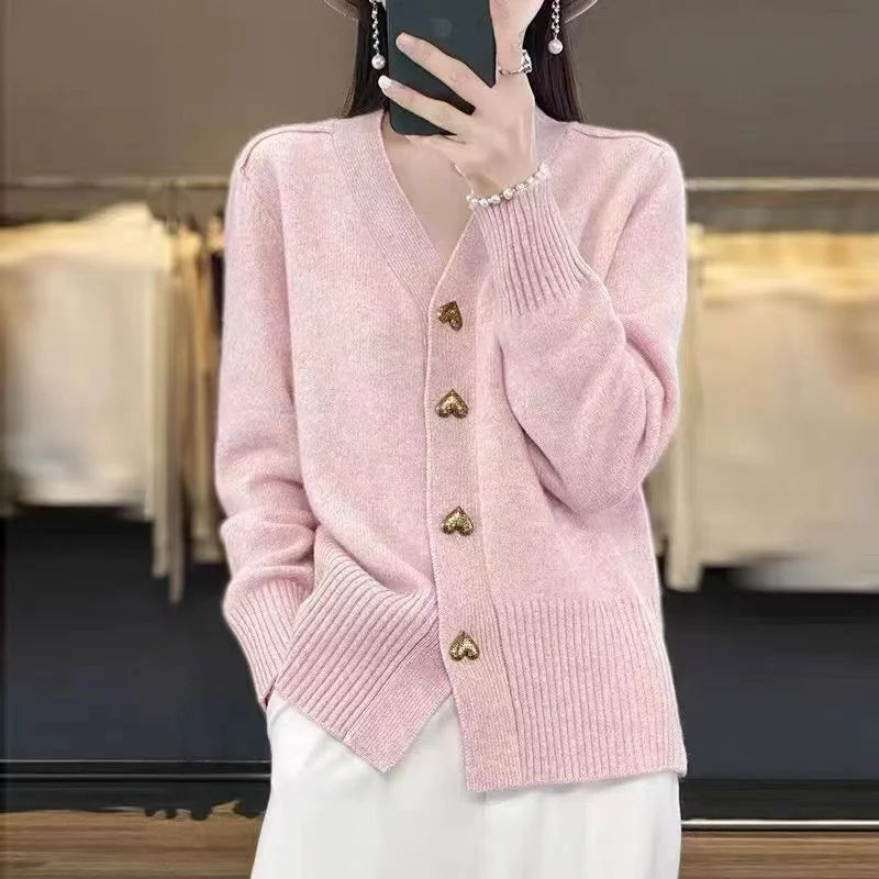 Women's V-Neck Knitted Cardigan, Button-Front Lightweight Relaxed Fit