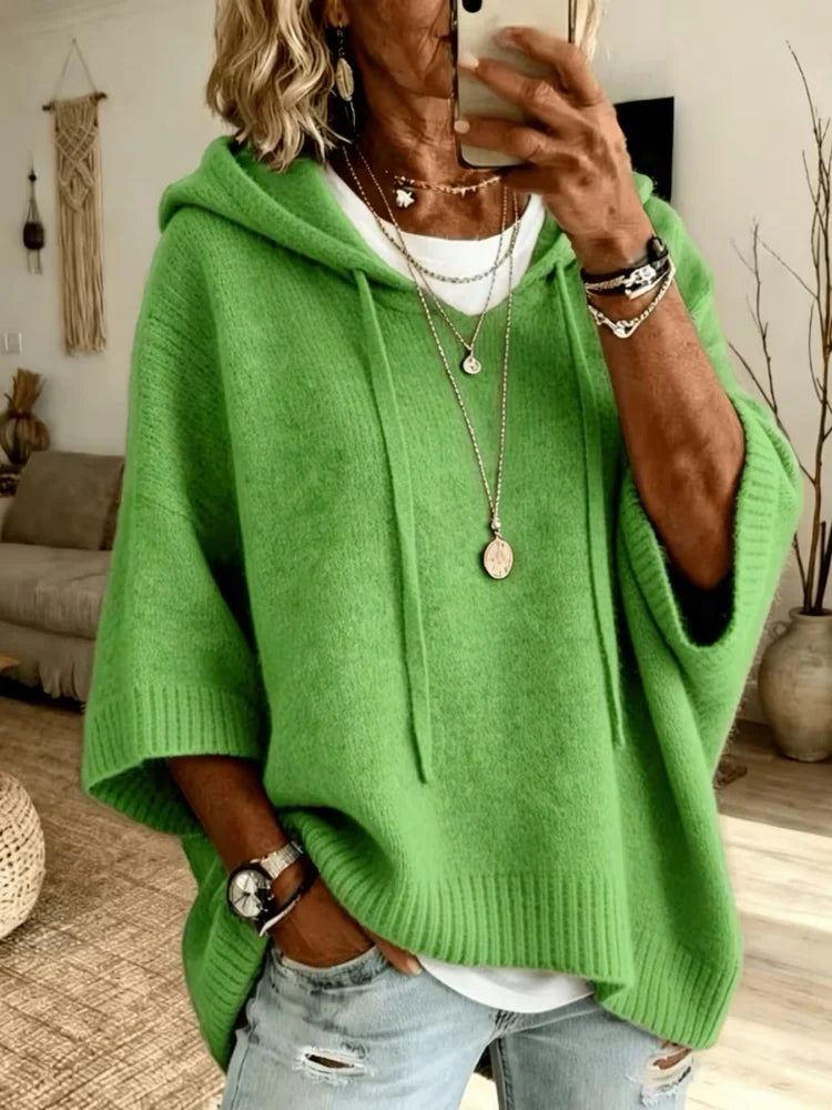 Women's Hooded Poncho Jumper, Oversized Batwing Sleeve Knit Pullover