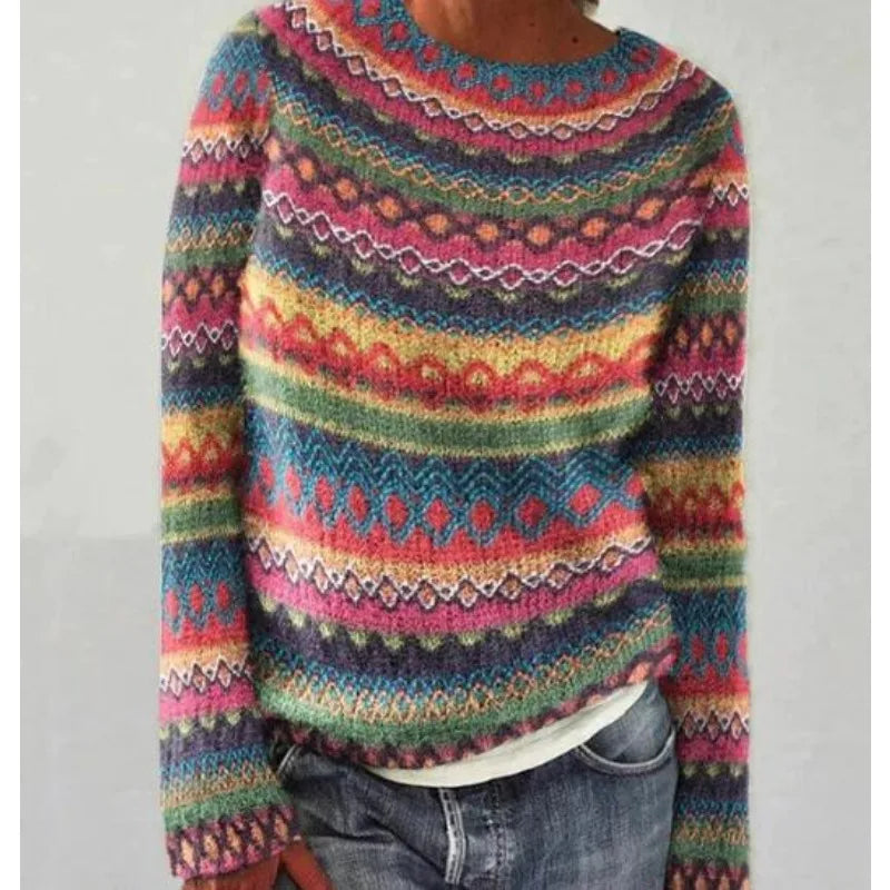 Women's Fair Isle Jumper, Crew Neck Yoke Pattern Loose Fit Knitwear