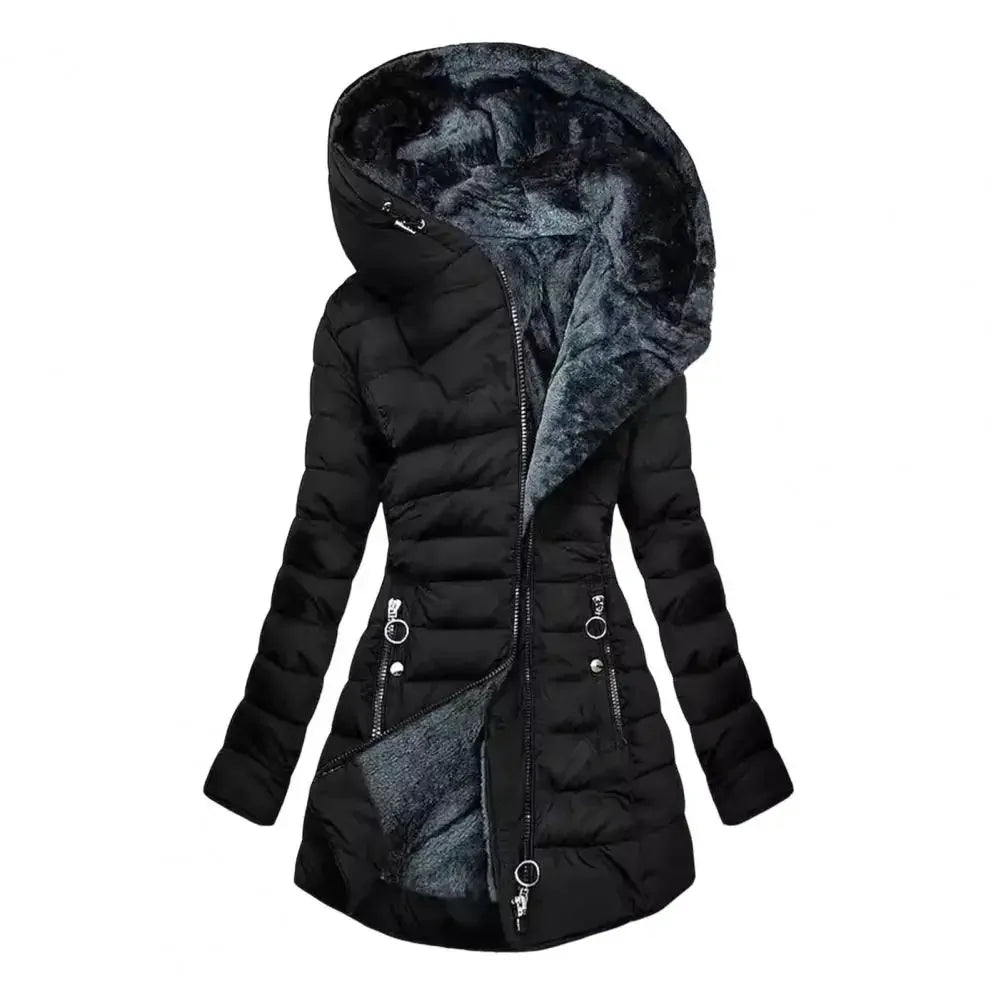 Women's Hooded Quilted Parka Coat, Windproof Down Coat with Plush Lining