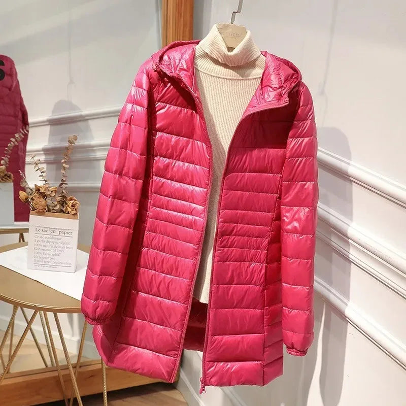 Women's Lightweight Packable Down Jacket, Long Quilted Coat with Stand Collar
