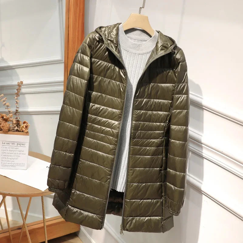 Women's Lightweight Packable Down Jacket, Long Quilted Coat with Stand Collar