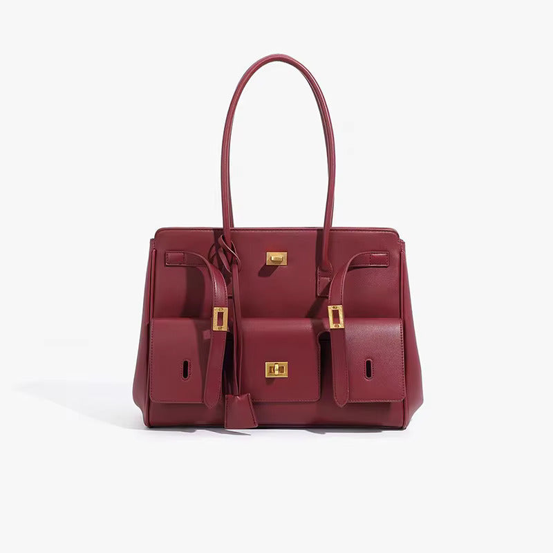 Women’s Structured Faux Leather Tote Bag with Winged Sides, Buckle Straps and Top Handles