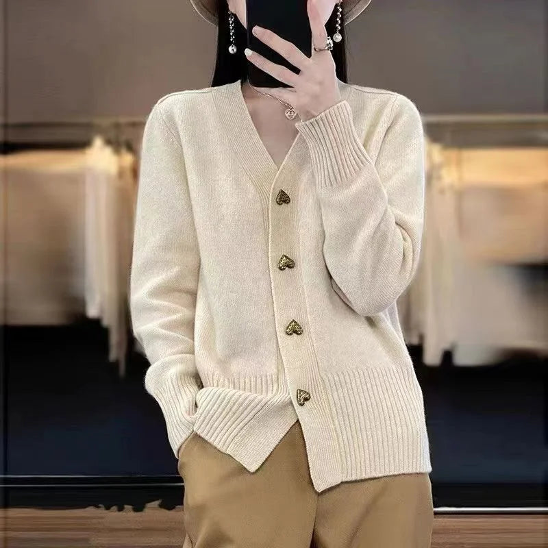 Women's V-Neck Knitted Cardigan, Button-Front Lightweight Relaxed Fit