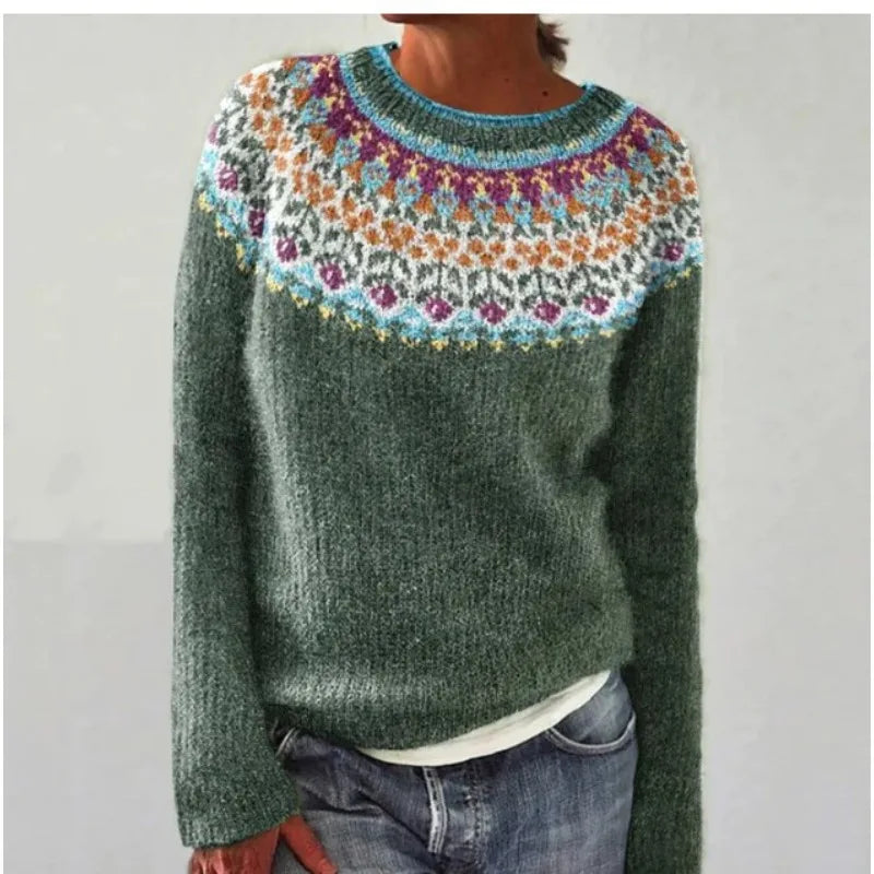 Women's Fair Isle Jumper, Crew Neck Yoke Pattern Loose Fit Knitwear
