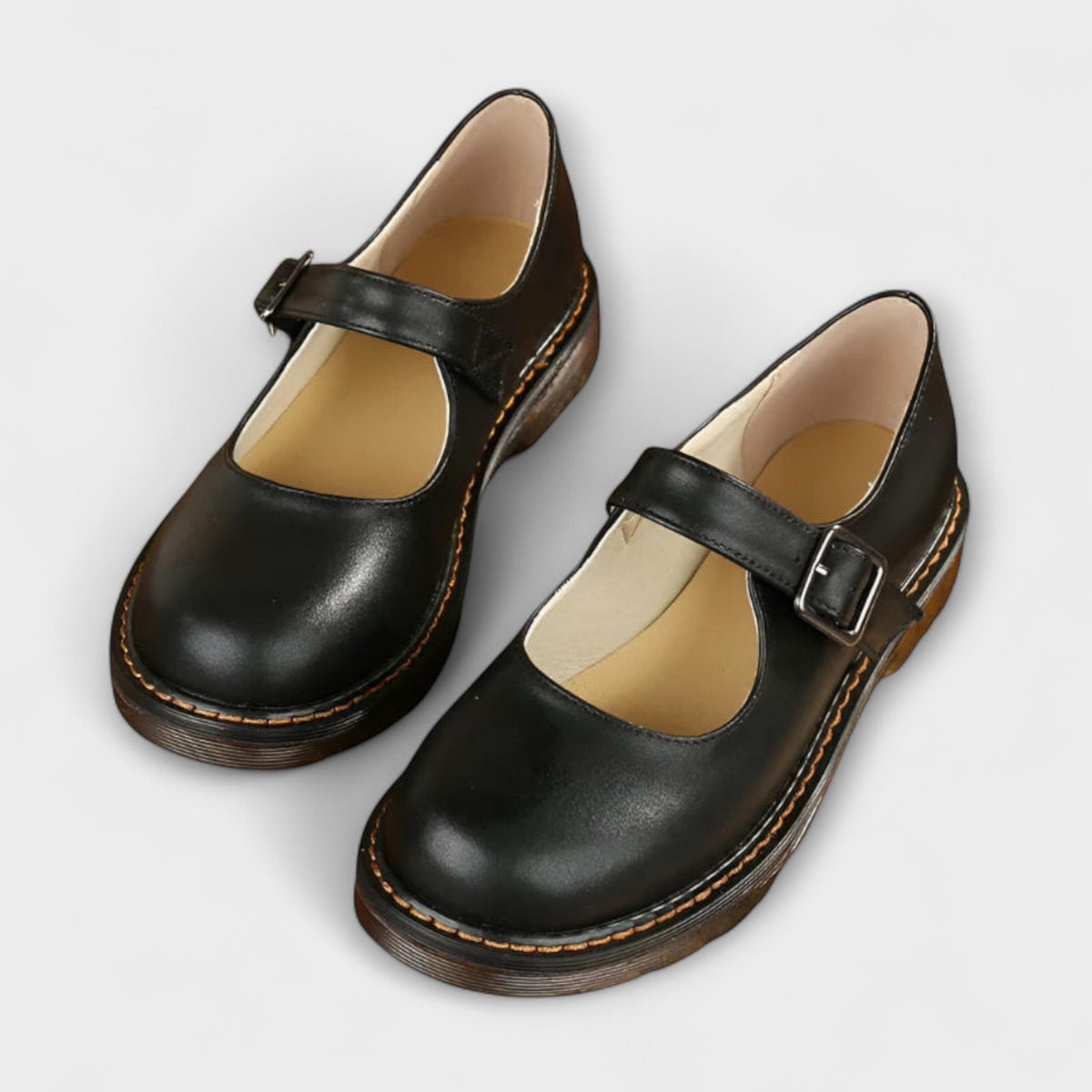 Women’s Leather-Look Mary Jane Shoes with Buckle Strap and Low Block Heel