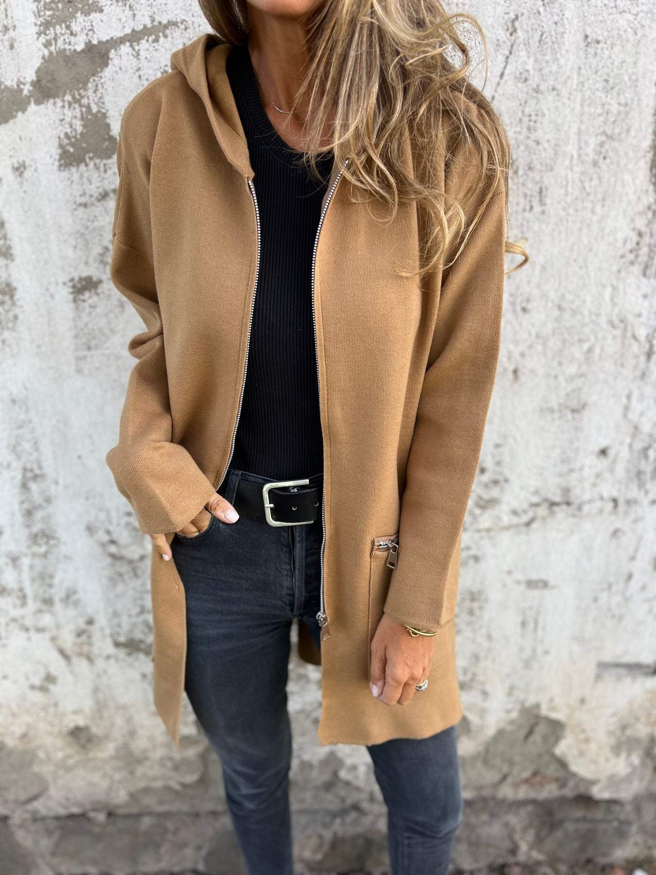 Women's Longline Zip Up Jacket, Relaxed Fit Casual Coat with Pockets