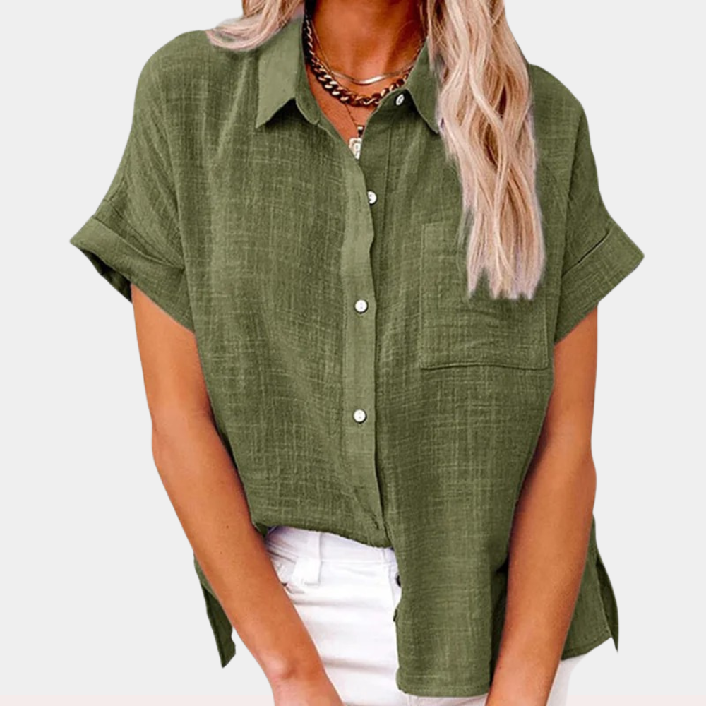 Women's Button Down Shirt Woven Fabric Short Sleeve Collar