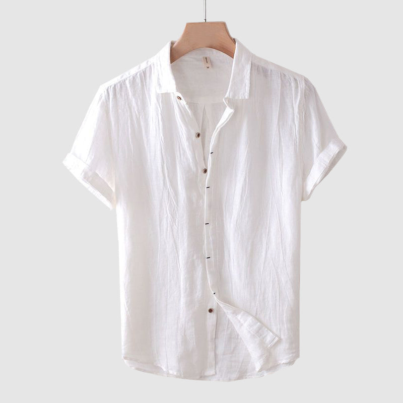 Men's Linen Shirt Short Sleeve Crinkle Texture Spread Collar Casual