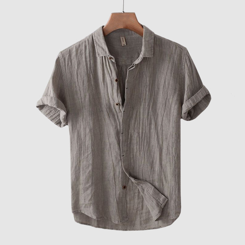 Men's Linen Shirt Short Sleeve Crinkle Texture Spread Collar Casual