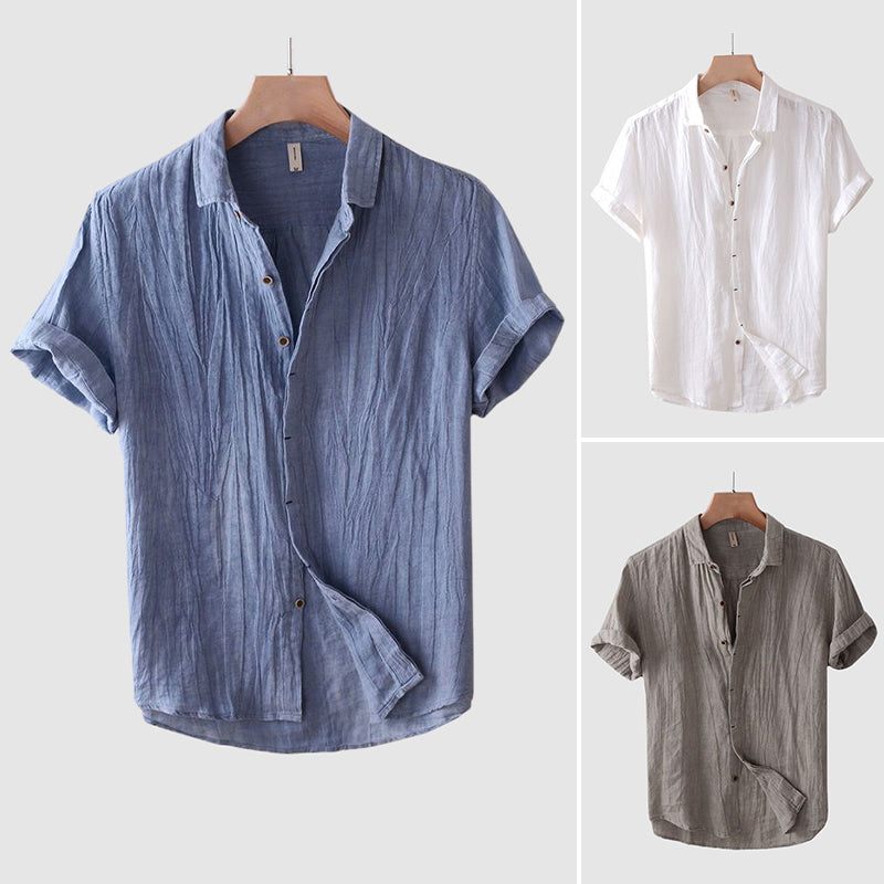 Men's Linen Shirt Short Sleeve Crinkle Texture Spread Collar Casual