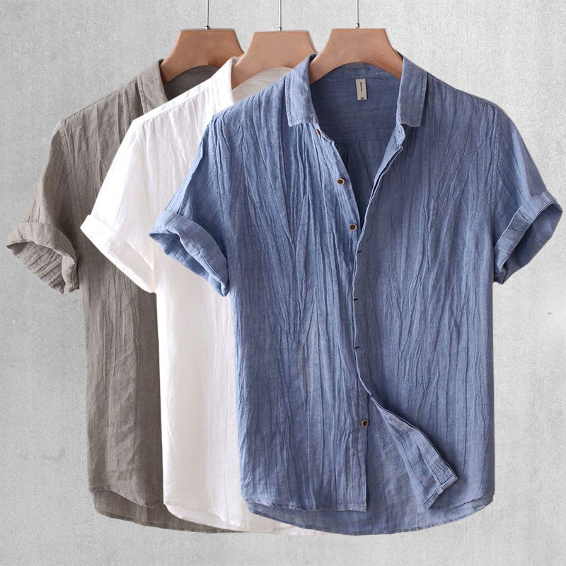 Men's Linen Shirt Short Sleeve Crinkle Texture Spread Collar Casual
