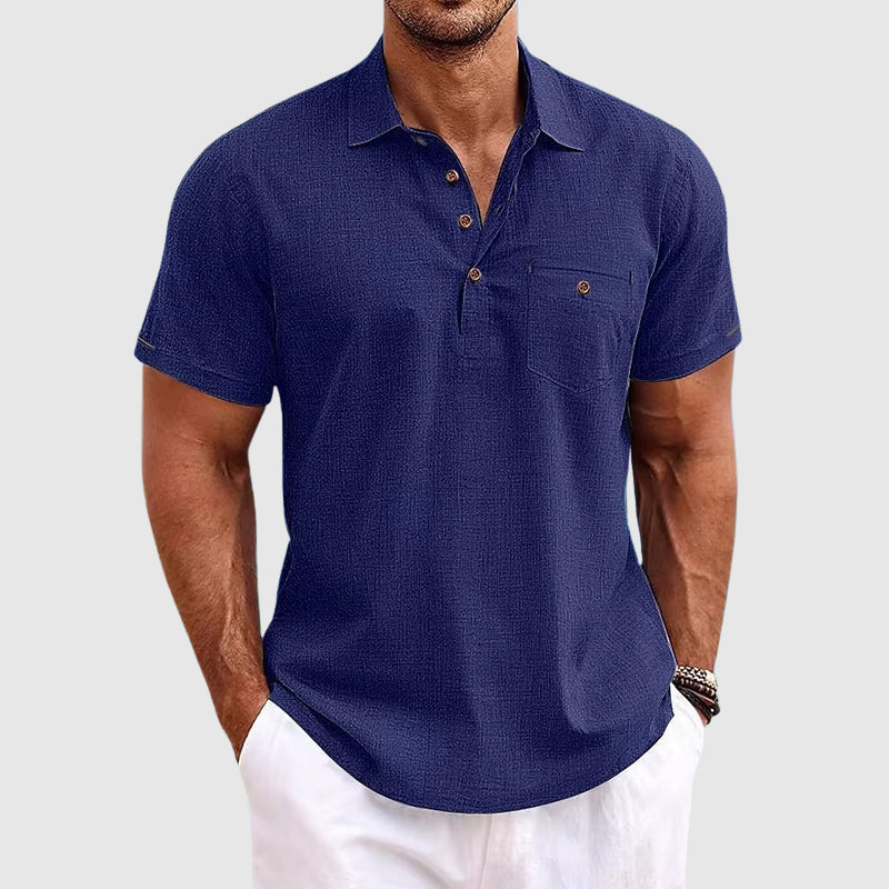 Men's Linen Polo Shirt Short Sleeve Chest Pocket Horn Button Casual