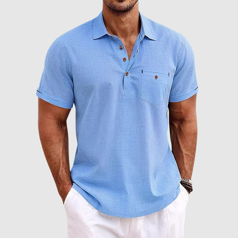 Men's Linen Polo Shirt Short Sleeve Chest Pocket Horn Button Casual