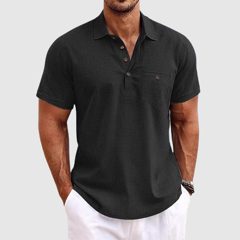 Men's Linen Polo Shirt Short Sleeve Chest Pocket Horn Button Casual