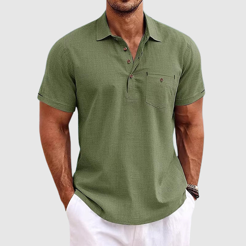 Men's Linen Polo Shirt Short Sleeve Chest Pocket Horn Button Casual