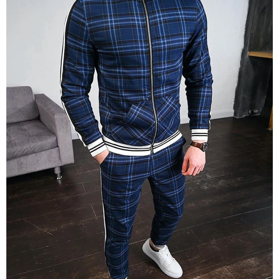 Men's Check Tracksuit Set, Zip-Up Jacket and Jogger Co-Ord with Side Stripe