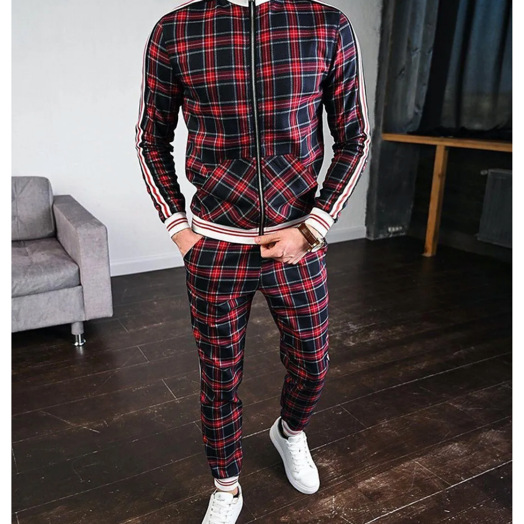 Men's Check Tracksuit Set, Zip-Up Jacket and Jogger Co-Ord with Side Stripe