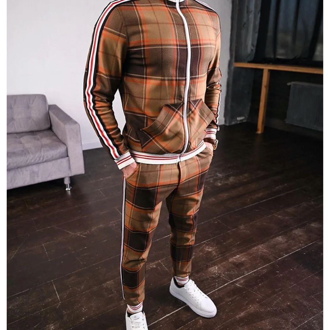 Men's Check Tracksuit Set, Zip-Up Jacket and Jogger Co-Ord with Side Stripe