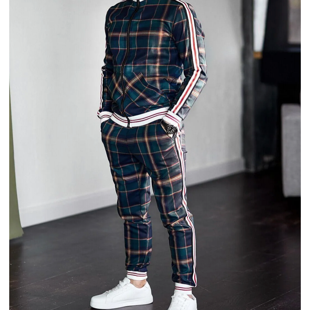 Men's Check Tracksuit Set, Zip-Up Jacket and Jogger Co-Ord with Side Stripe