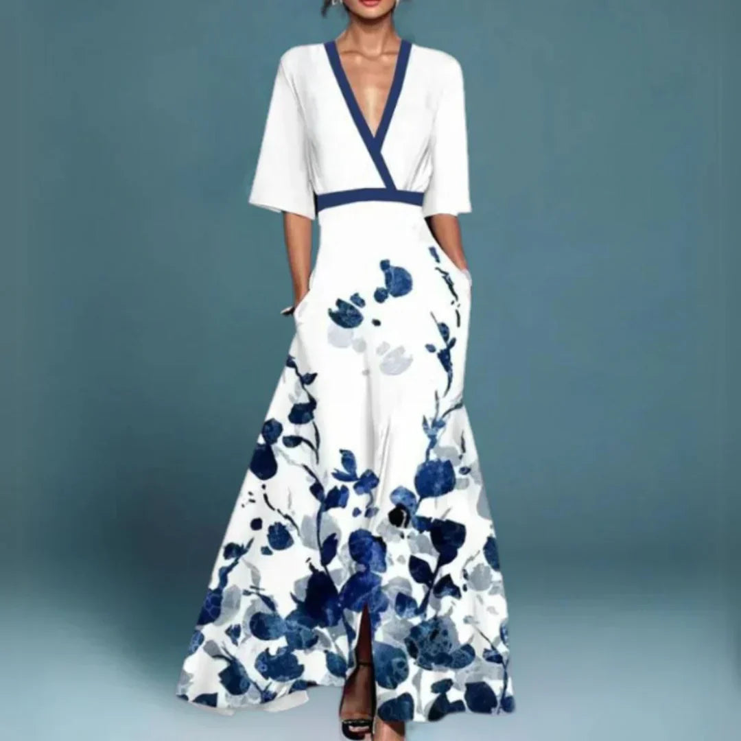 Women's Floral Maxi Dress V Neck Bell Sleeve Embroidered Flowing