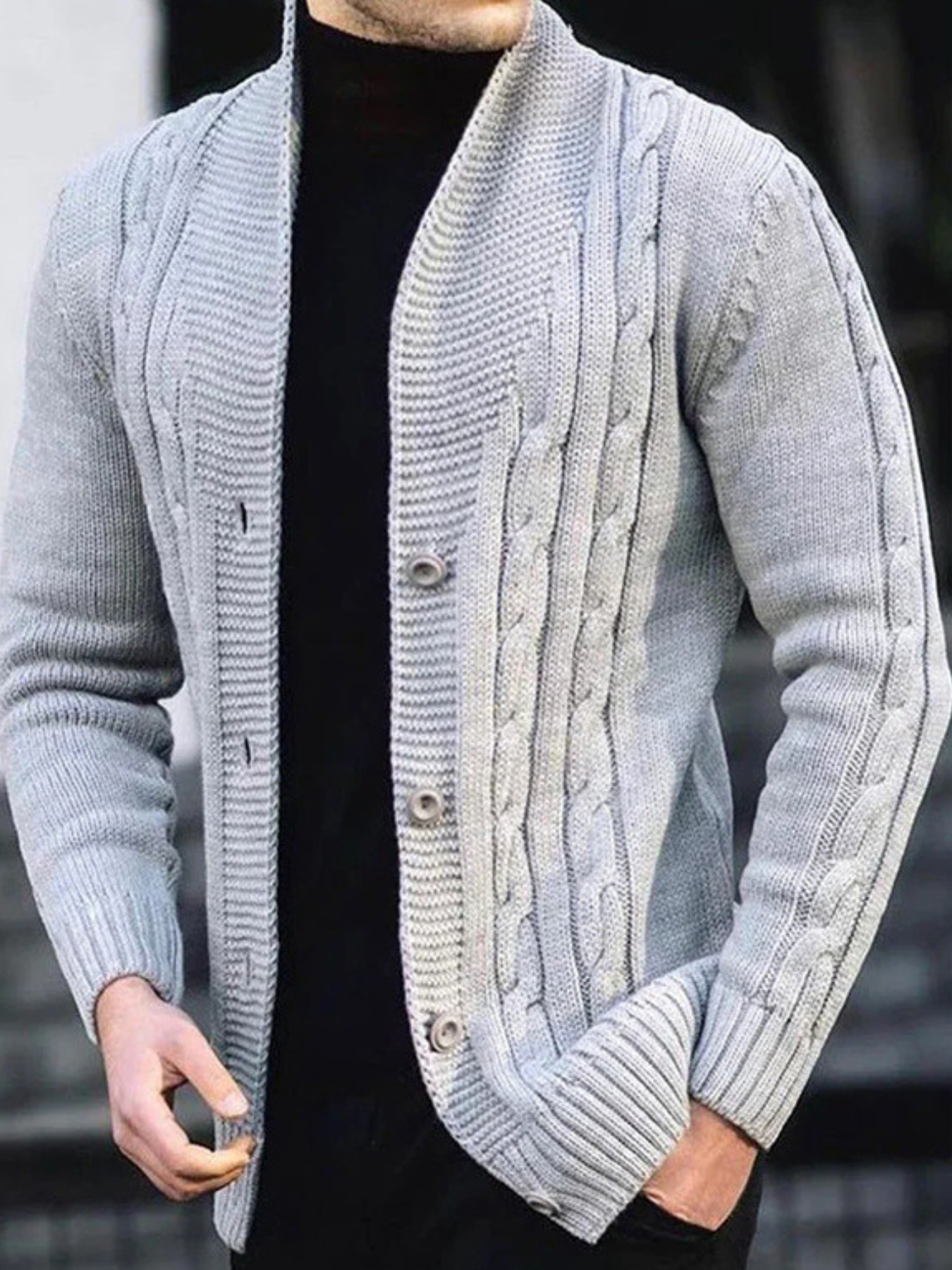 Men's Ribbed Knit Cardigan Wide Collar Regular Fit