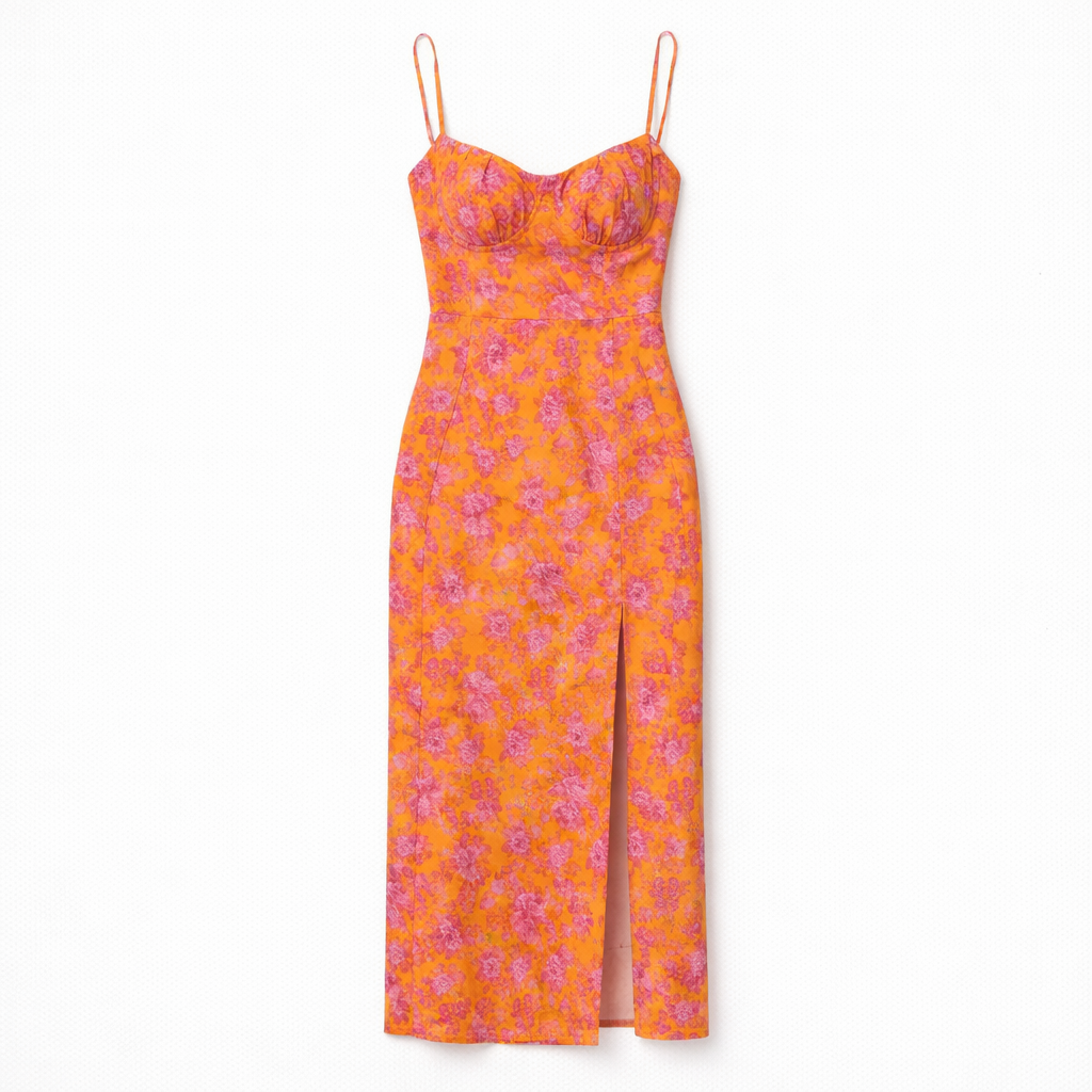 Midi Dress in Floral Print with Front Slit