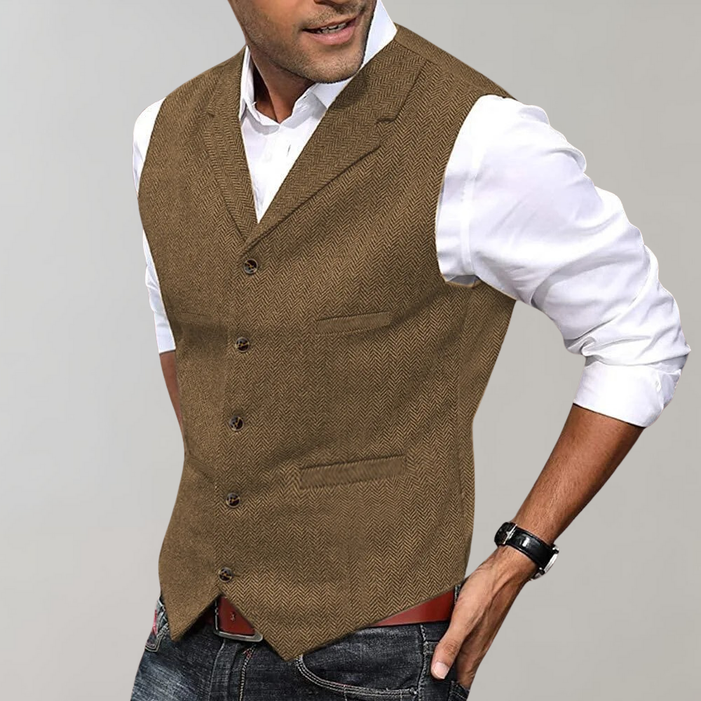 Men's Herringbone Waistcoat, Tailored Fitted Vest with Lapel Collar