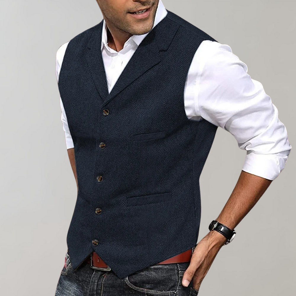 Men's Herringbone Waistcoat, Tailored Fitted Vest with Lapel Collar