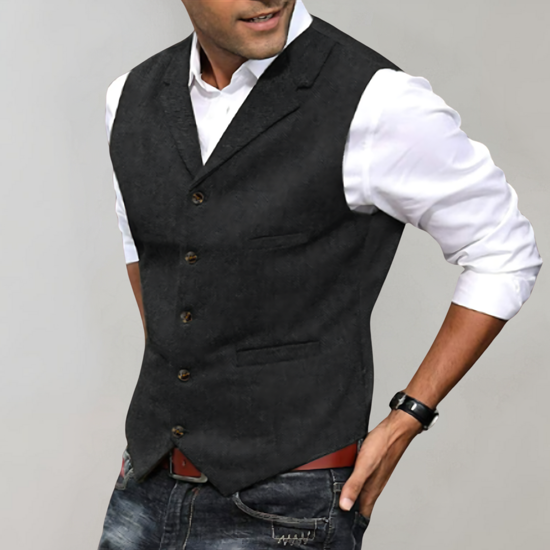 Men's Herringbone Waistcoat, Tailored Fitted Vest with Lapel Collar