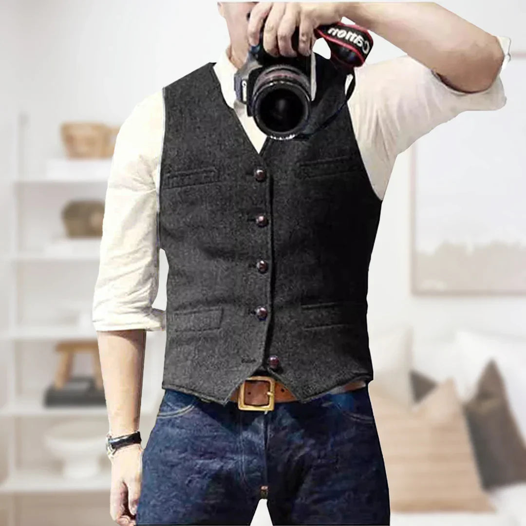 Men's V-Neck Waistcoat, Fitted Sleeveless Vest with Welt Pockets
