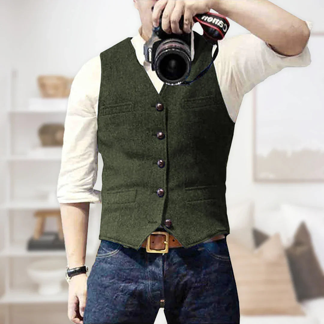 Men's V-Neck Waistcoat, Fitted Sleeveless Vest with Welt Pockets
