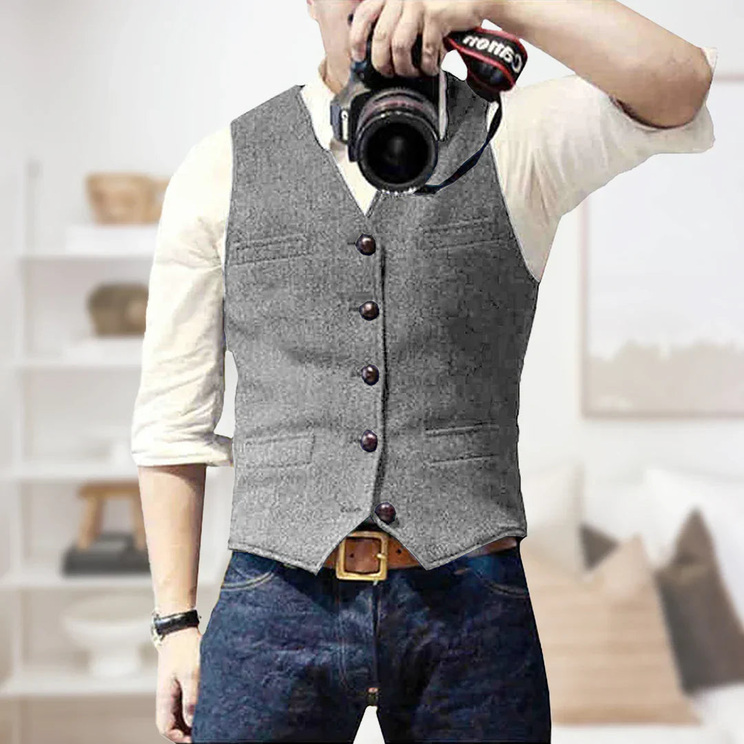 Men's V-Neck Waistcoat, Fitted Sleeveless Vest with Welt Pockets