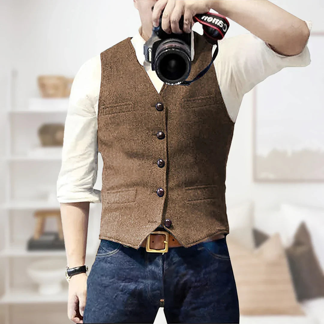 Men's V-Neck Waistcoat, Fitted Sleeveless Vest with Welt Pockets