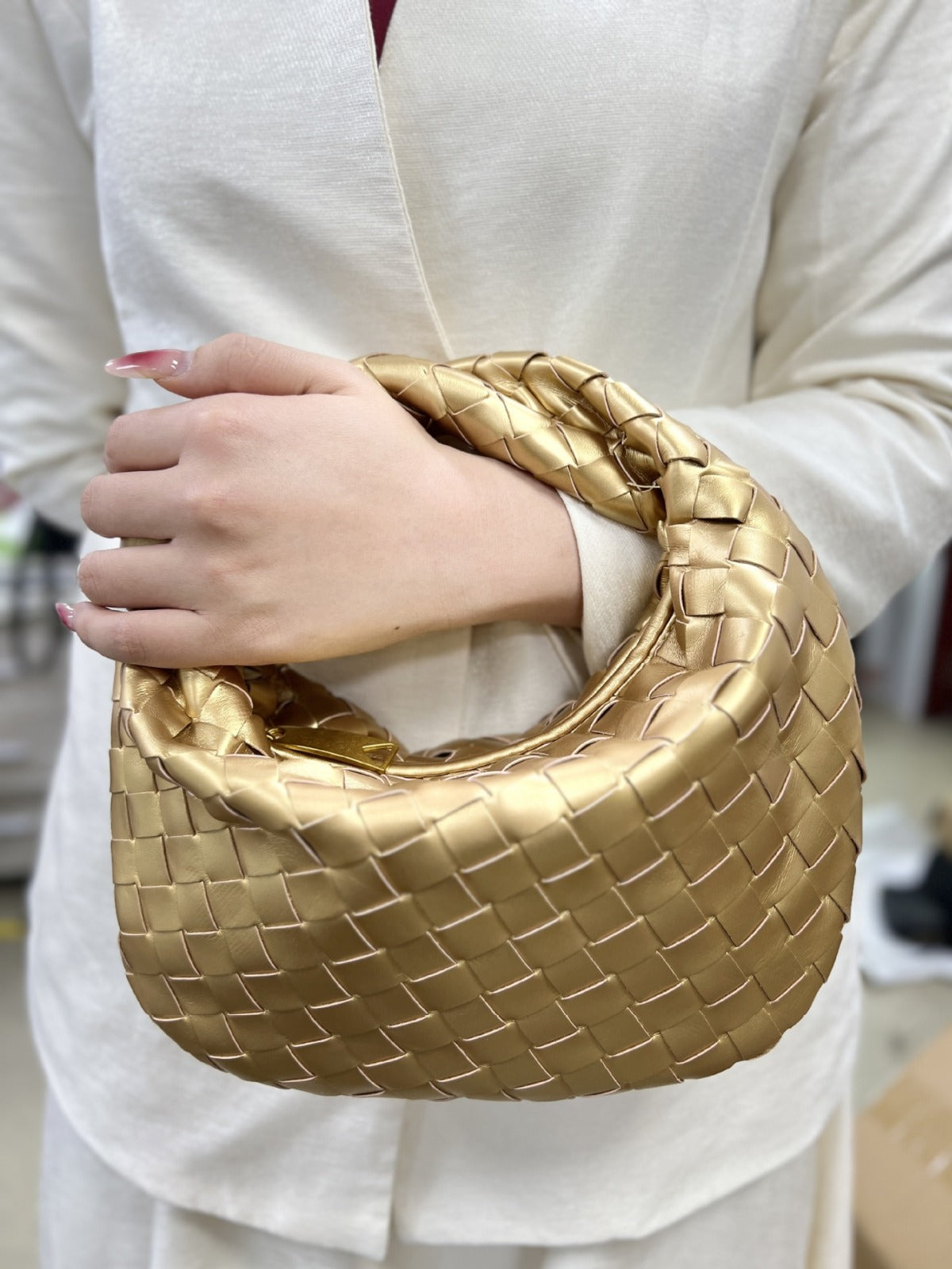 Women’s Woven Faux Leather Mini Bag with Crescent Shape, Integrated Handle and Zip Closure